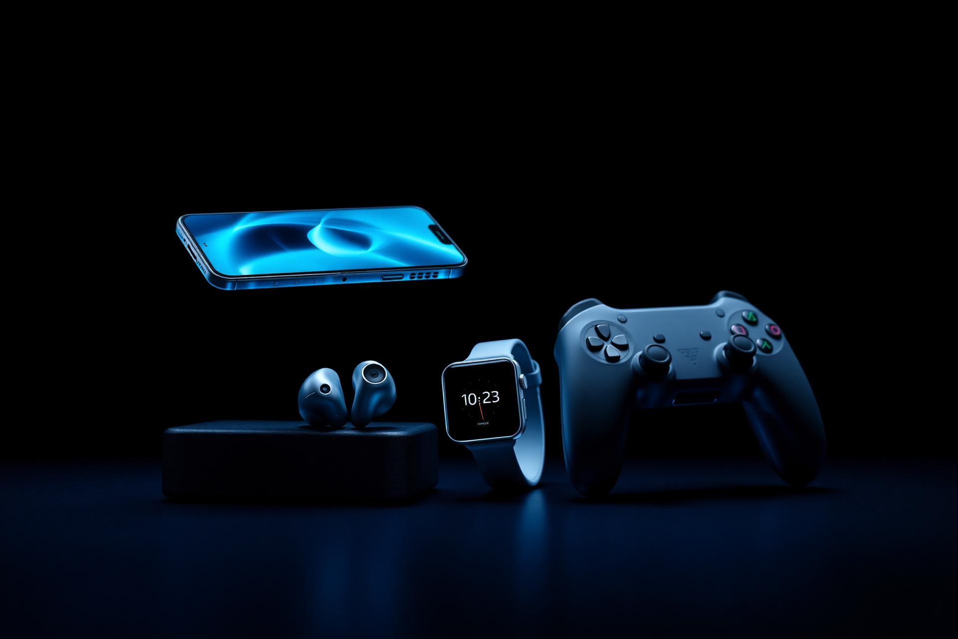 Premium gadgets — phone, earbuds, smartwatch and controller